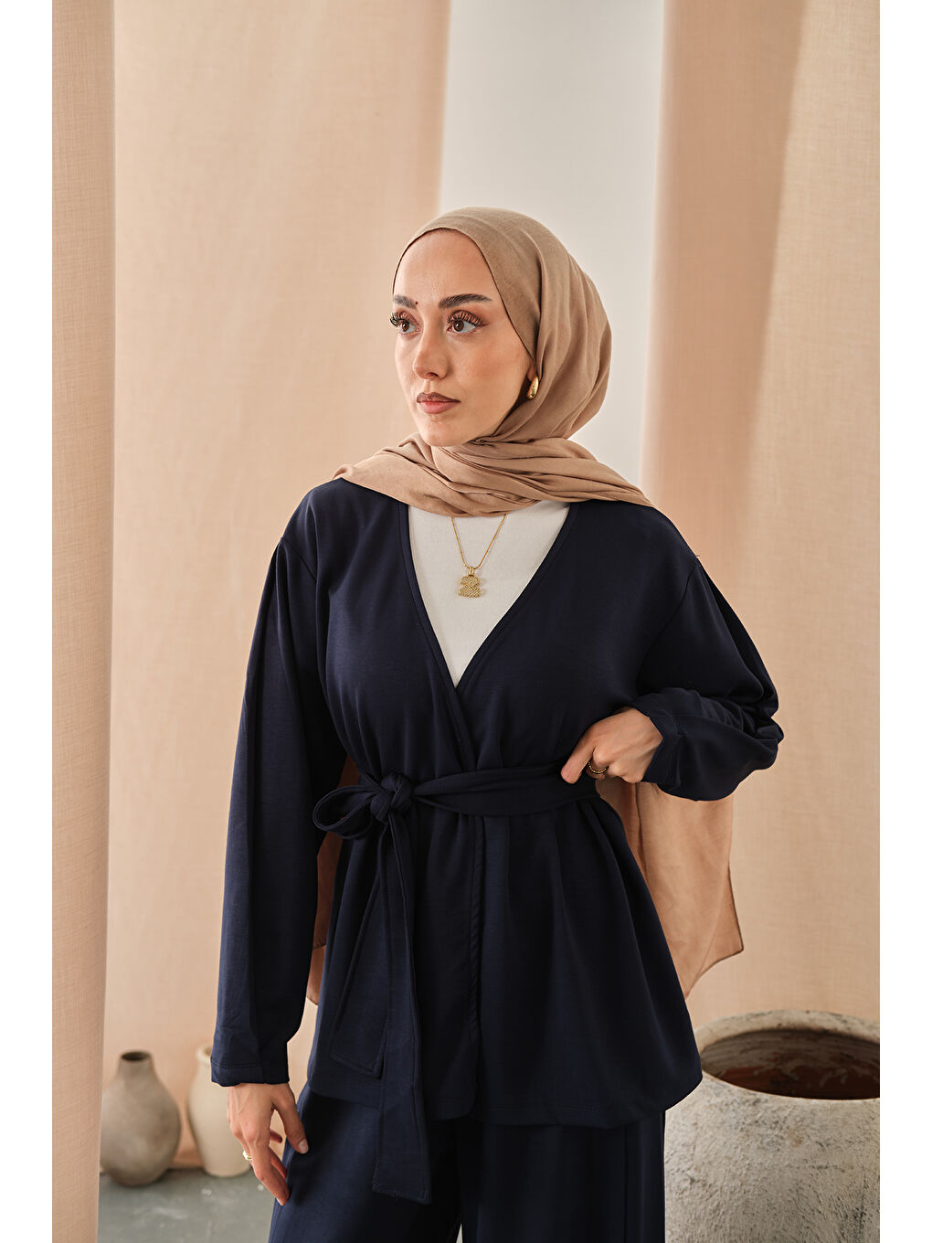 Kadın Bel Bağlamalı Kimono Takım Lacivert-1