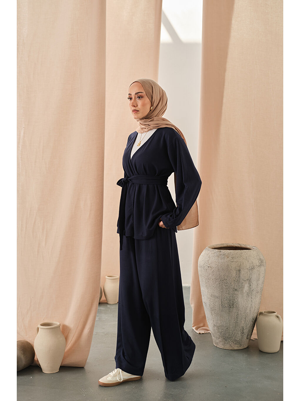 Kadın Bel Bağlamalı Kimono Takım Lacivert-2