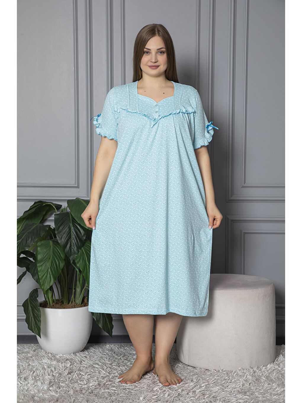 Turkuaz %100 Pamuklu Penye Kısa Kollu Büyük Beden Anne Geceliği 136