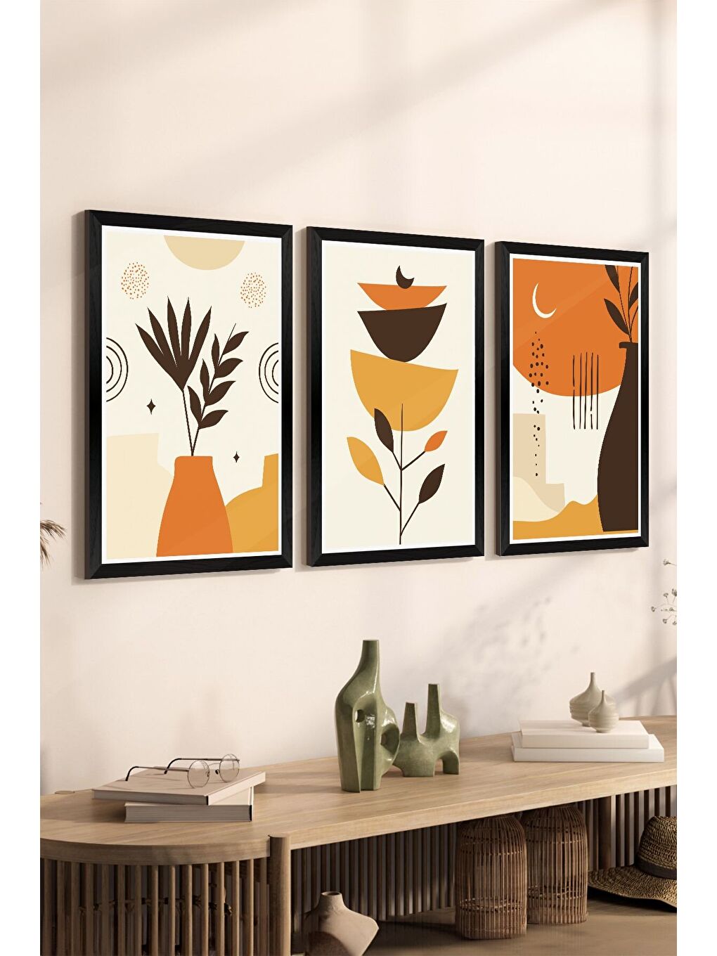 Beyaz 3 Parça Siyah Çerçeve Görünümlü Mdf Tablo Seti - Set 15 - 3SYHART15-3348