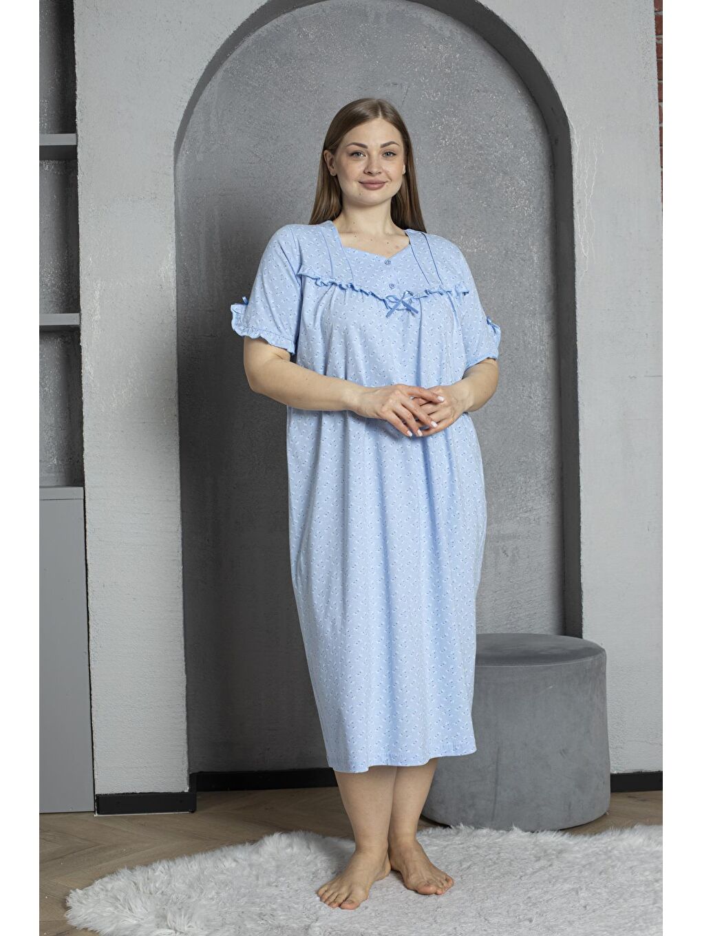 Mavi %100 Pamuklu Penye Kısa Kollu Büyük Beden Anne Geceliği 136-1