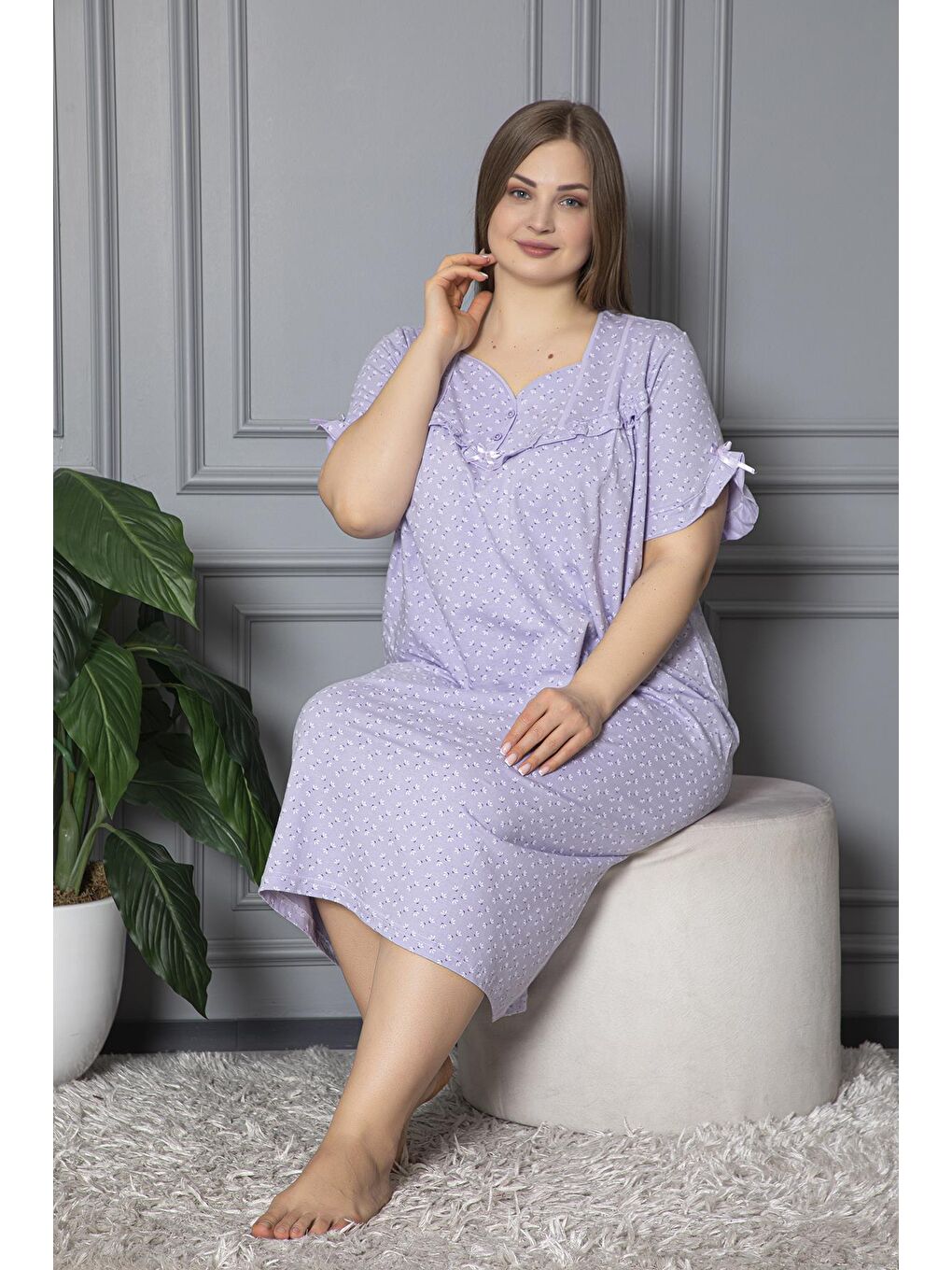 Lila %100 Pamuklu Penye Kısa Kollu Büyük Beden Anne Geceliği 136-1