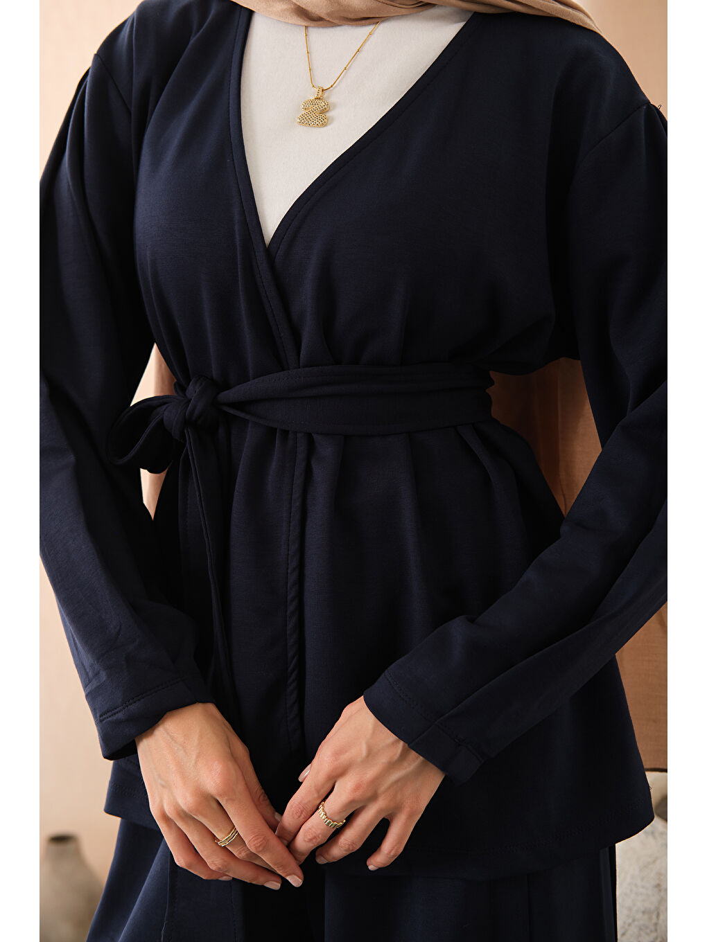 Kadın Bel Bağlamalı Kimono Takım Lacivert-4