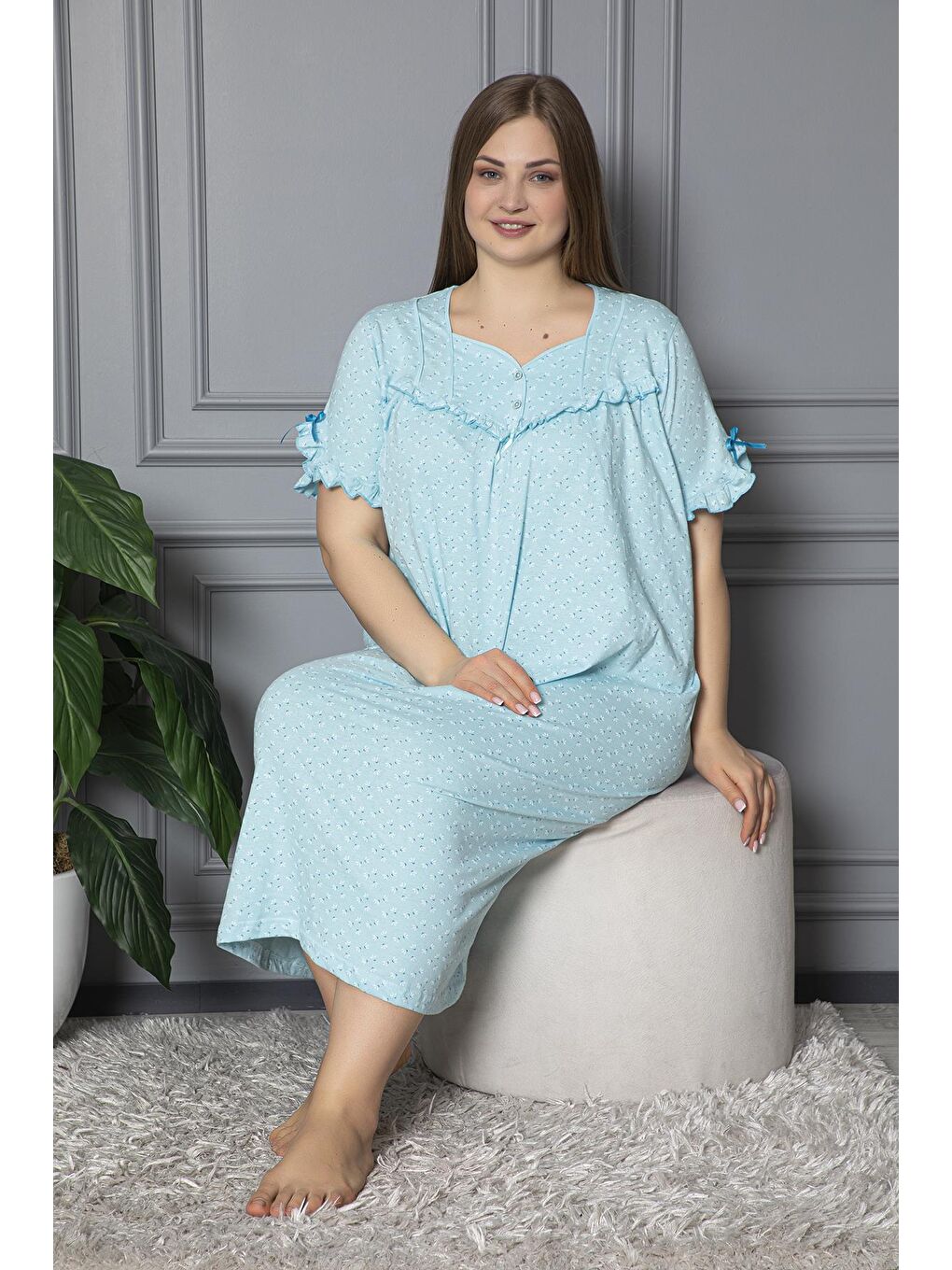 Turkuaz %100 Pamuklu Penye Kısa Kollu Büyük Beden Anne Geceliği 136-1