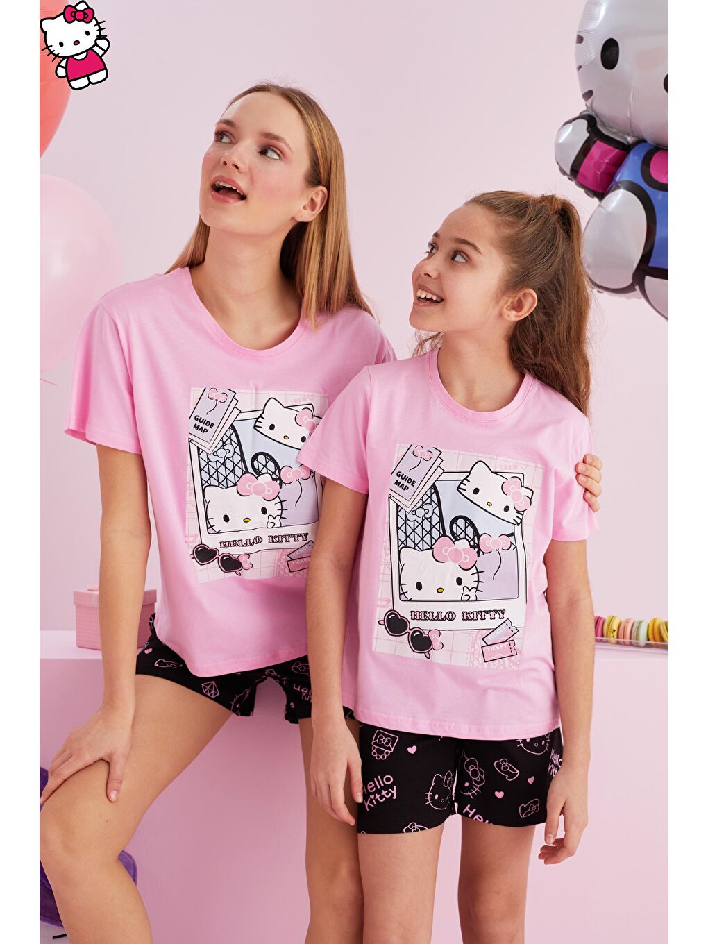 SİYAH İNCİ Pembe Hello Kitty Lisanslı %100 Pamuk Pembe Çok Renkli Bisklet Yaka Şort Pijama Takım