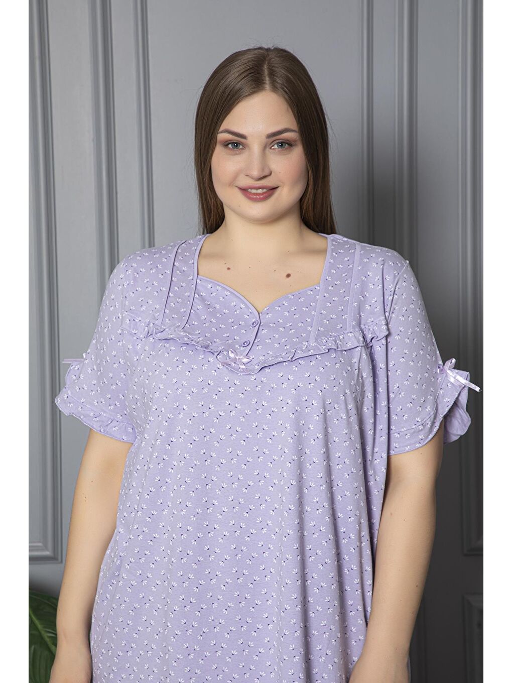 Lila %100 Pamuklu Penye Kısa Kollu Büyük Beden Anne Geceliği 136-2
