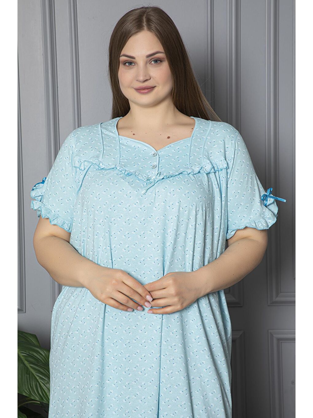 Turkuaz %100 Pamuklu Penye Kısa Kollu Büyük Beden Anne Geceliği 136-2