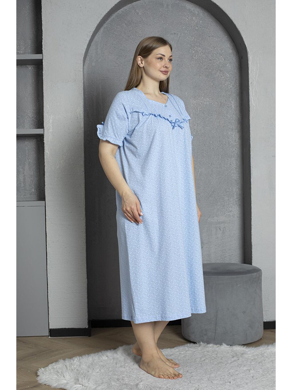 Mavi %100 Pamuklu Penye Kısa Kollu Büyük Beden Anne Geceliği 136-2