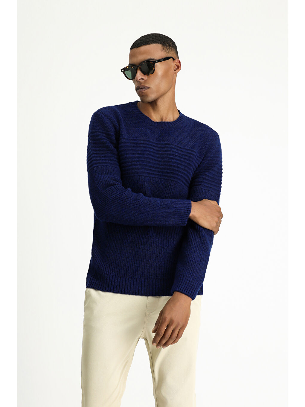 Lacivert Bisiklet Yaka Regular Fit Çizgili Triko Büyük Beden Kazak