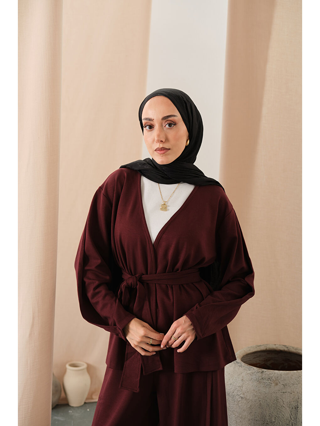 Kadın Bel Bağlamalı Kimono Takım Bordo-1