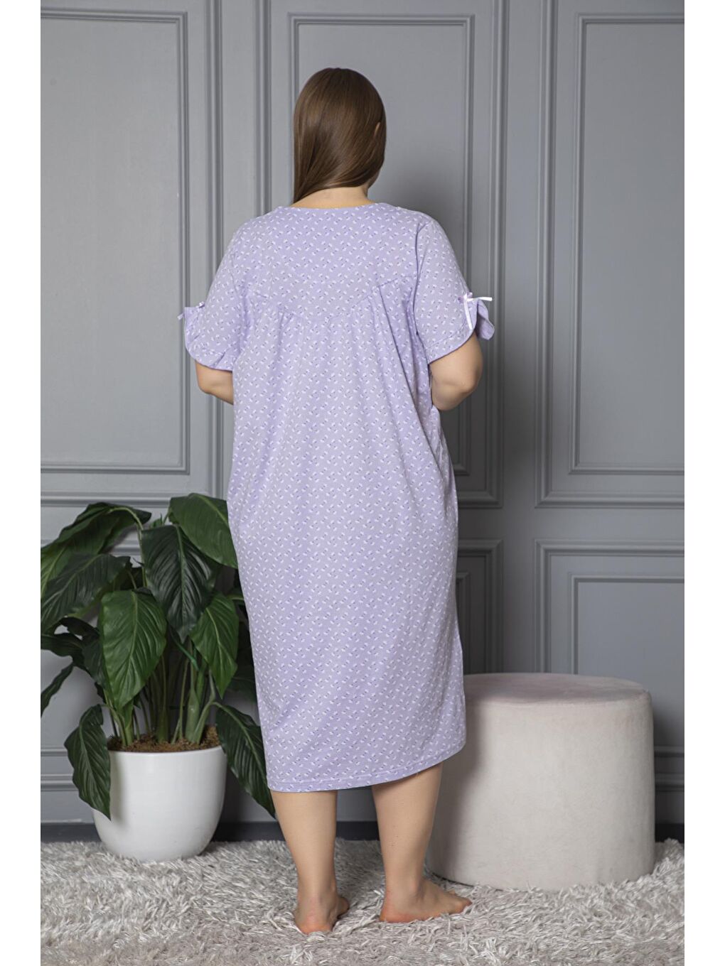 Lila %100 Pamuklu Penye Kısa Kollu Büyük Beden Anne Geceliği 136-3