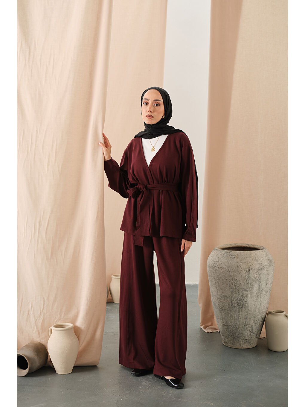 Kadın Bel Bağlamalı Kimono Takım Bordo-2