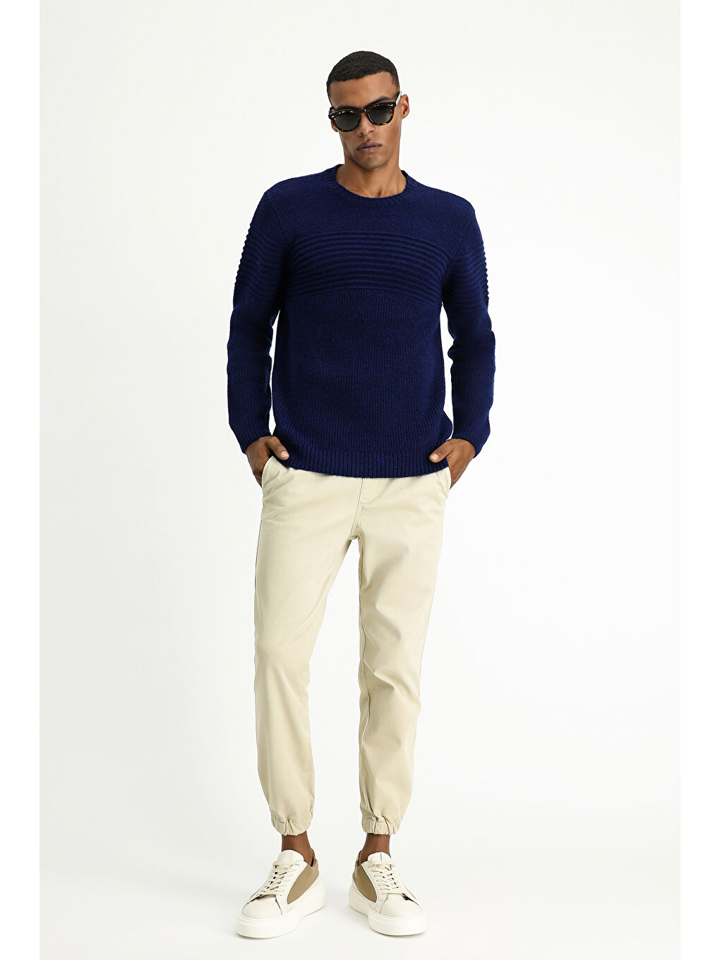 Lacivert Bisiklet Yaka Regular Fit Çizgili Triko Büyük Beden Kazak-1