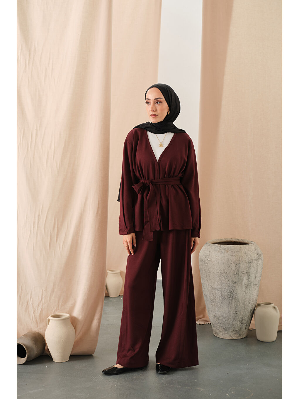 Kadın Bel Bağlamalı Kimono Takım Bordo-3