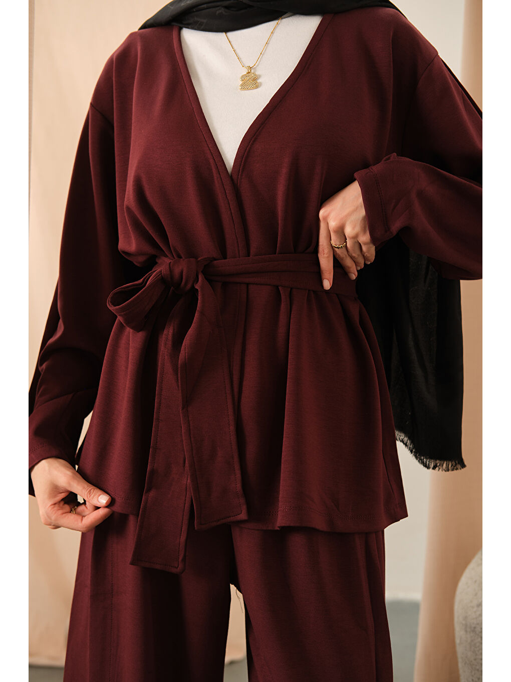 Kadın Bel Bağlamalı Kimono Takım Bordo-4