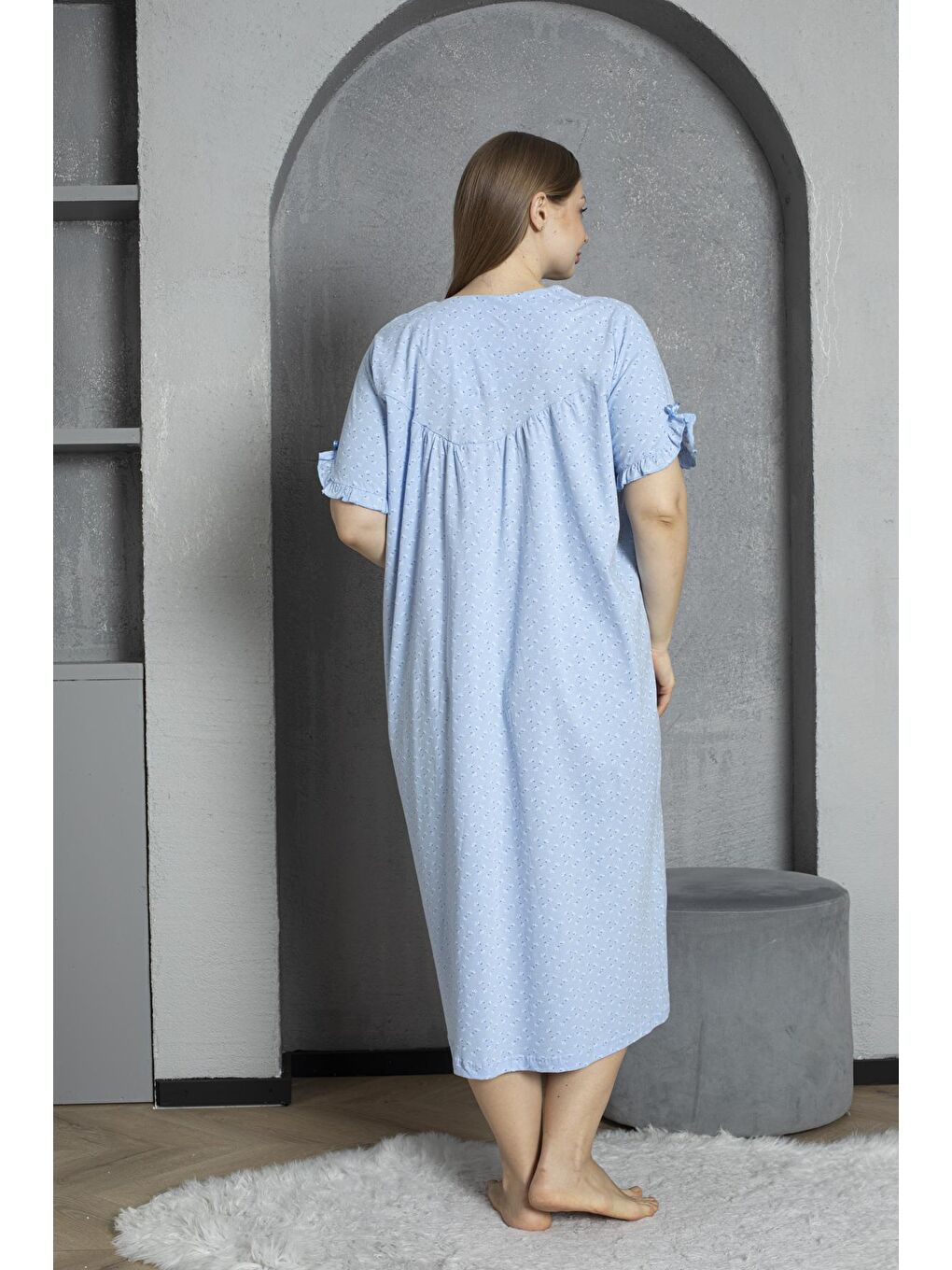 Mavi %100 Pamuklu Penye Kısa Kollu Büyük Beden Anne Geceliği 136-4