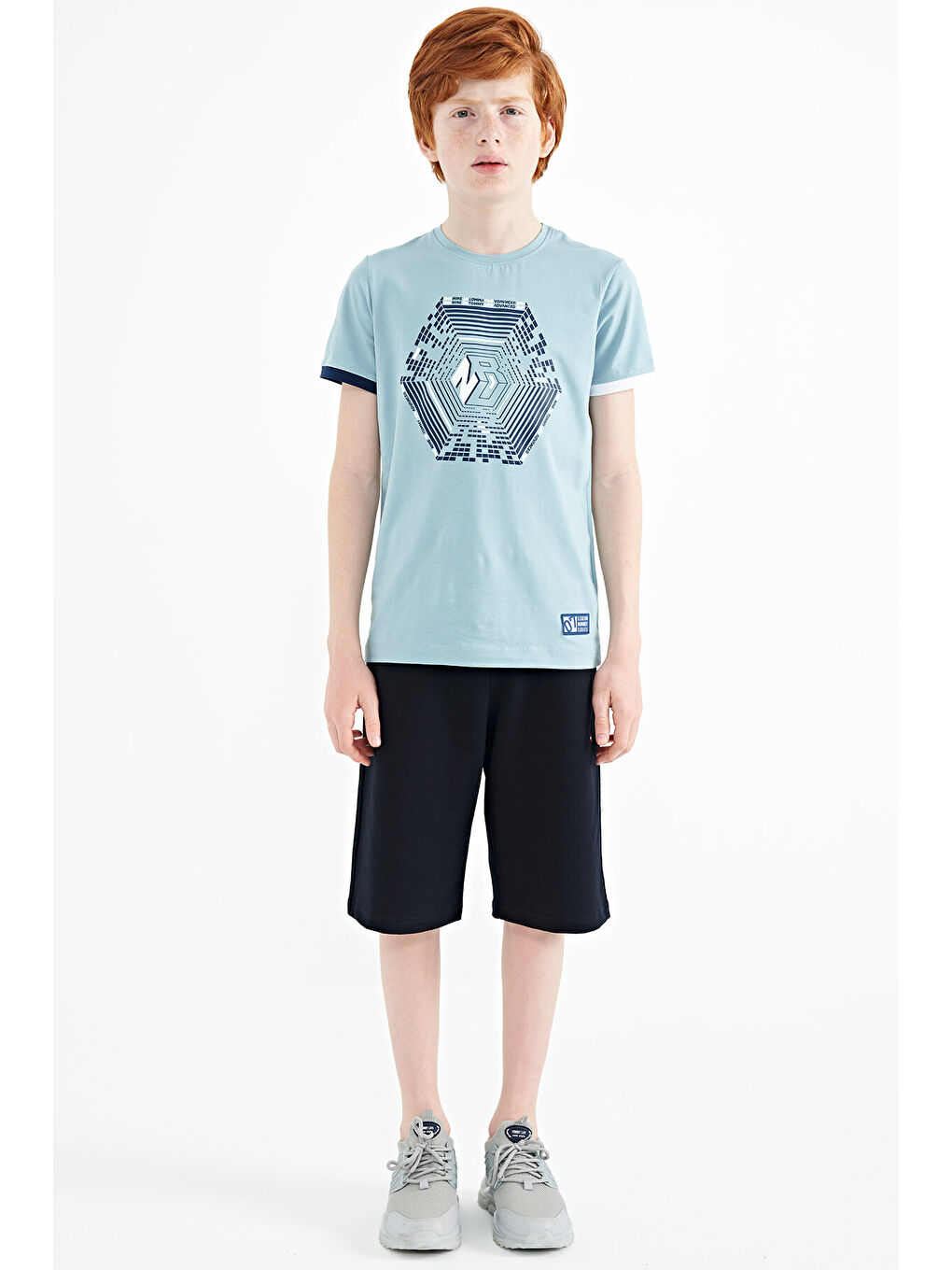 Açık Mavi Kol Ucu Renkli Detaylı Baskılı Standart Kalıp Erkek Çocuk Tişört - 11156-2