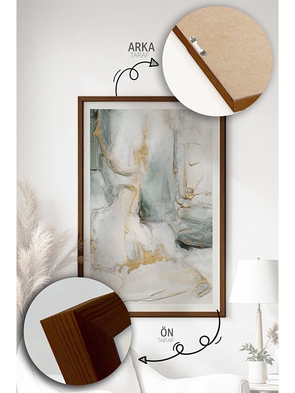 Beyaz Tek Parça Kahverengi Gerçek Ahşap Çerçeveli Tablo Seti - Model 23 - ERSYKHVCRV23-3348-2