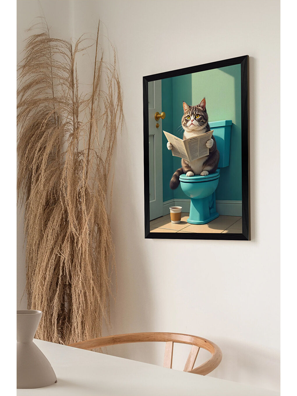 Beyaz Tek Parça Siyah Çerçeve Görünümlü Kedi Baskılı MDF 48x33 cm Tablo - Model 13