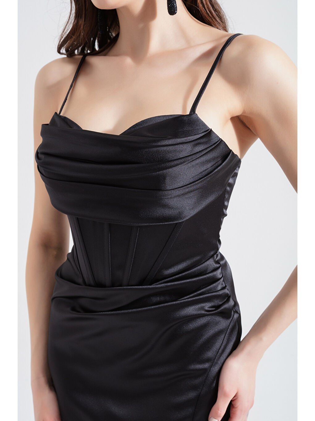 Kadın Siyah Mini Saten Abiye Elbise-3