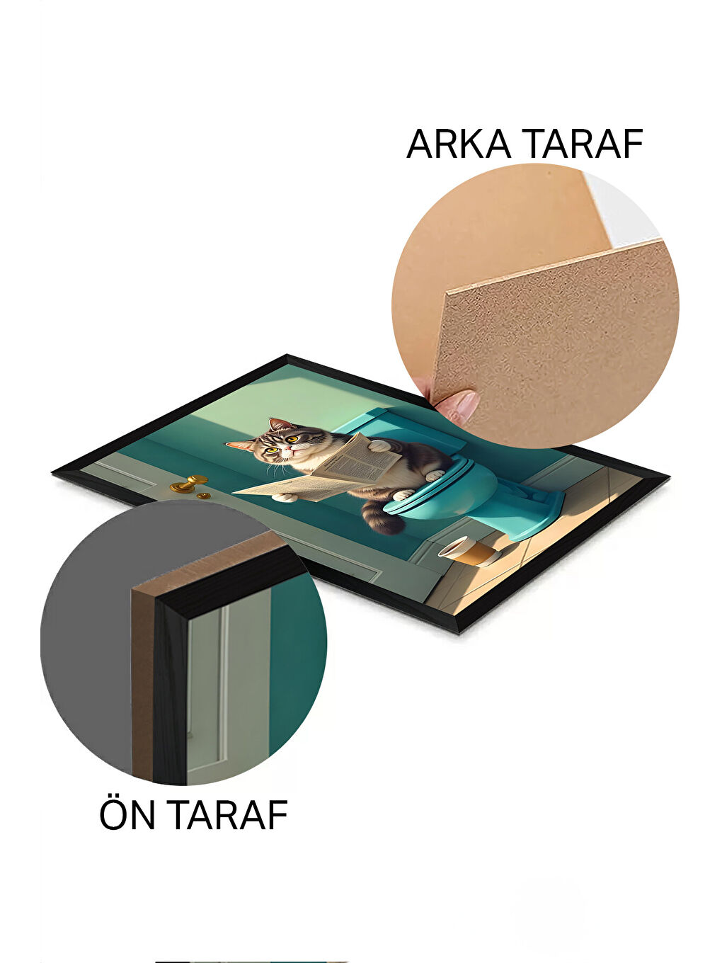 Beyaz Tek Parça Siyah Çerçeve Görünümlü Kedi Baskılı MDF 48x33 cm Tablo - Model 13-1