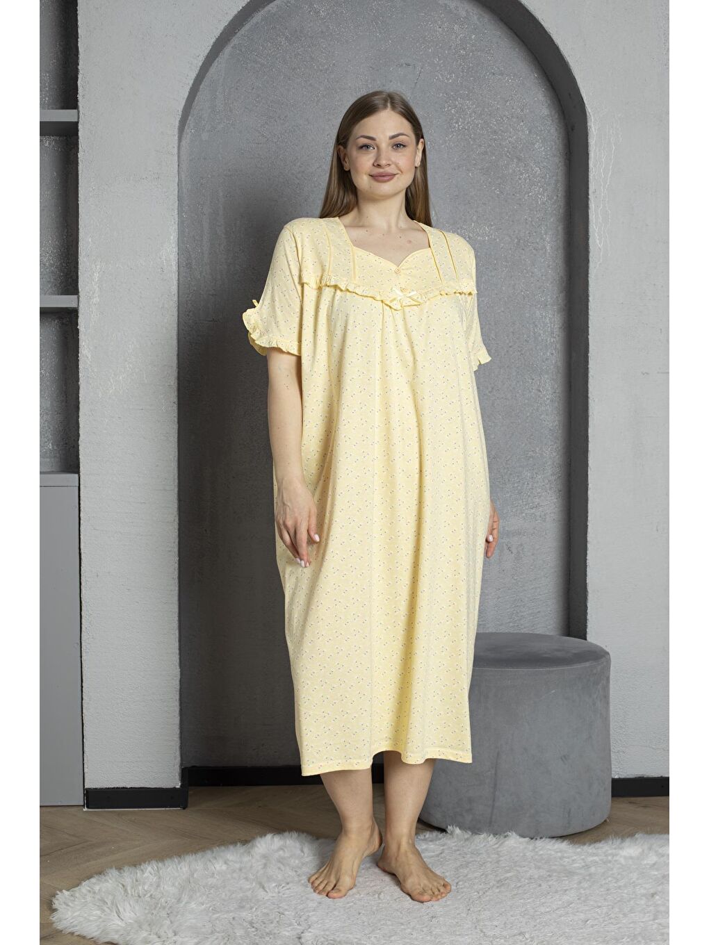 Sarı %100 Pamuklu Penye Kısa Kollu Büyük Beden Anne Geceliği 136-1
