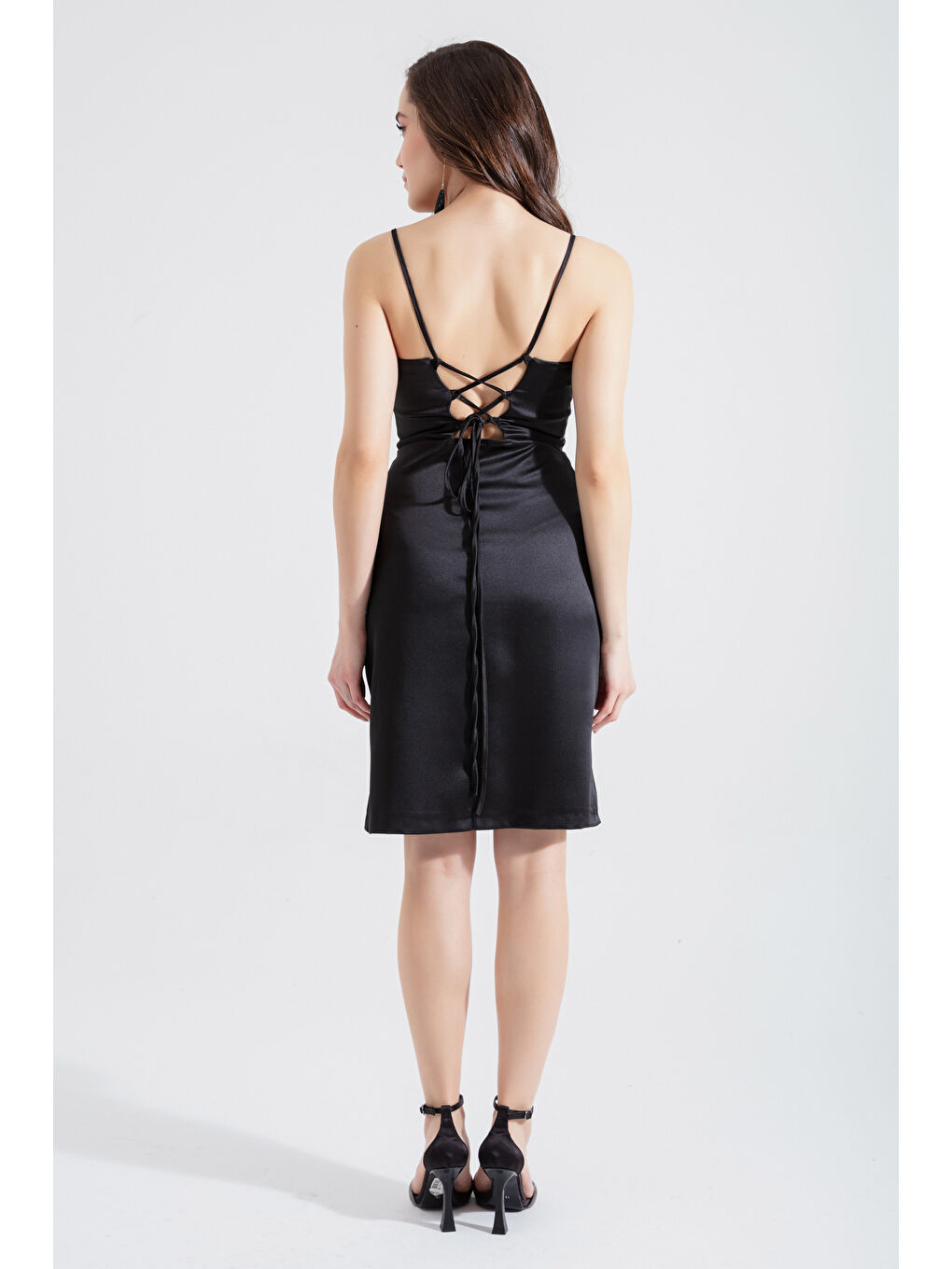 Kadın Siyah Mini Saten Abiye Elbise-4