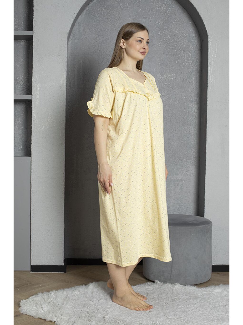Sarı %100 Pamuklu Penye Kısa Kollu Büyük Beden Anne Geceliği 136-2