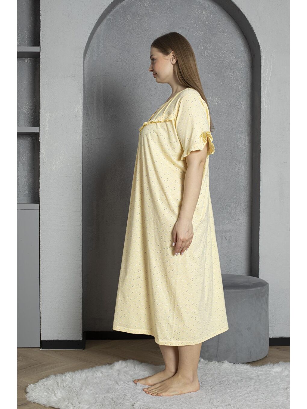 Sarı %100 Pamuklu Penye Kısa Kollu Büyük Beden Anne Geceliği 136-3