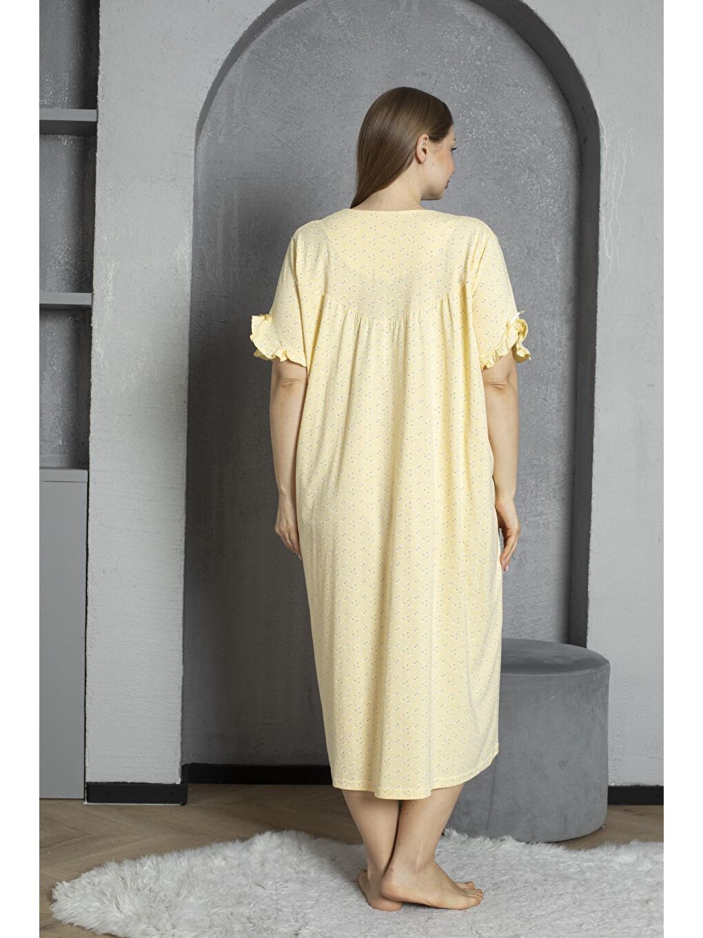 Sarı %100 Pamuklu Penye Kısa Kollu Büyük Beden Anne Geceliği 136-4