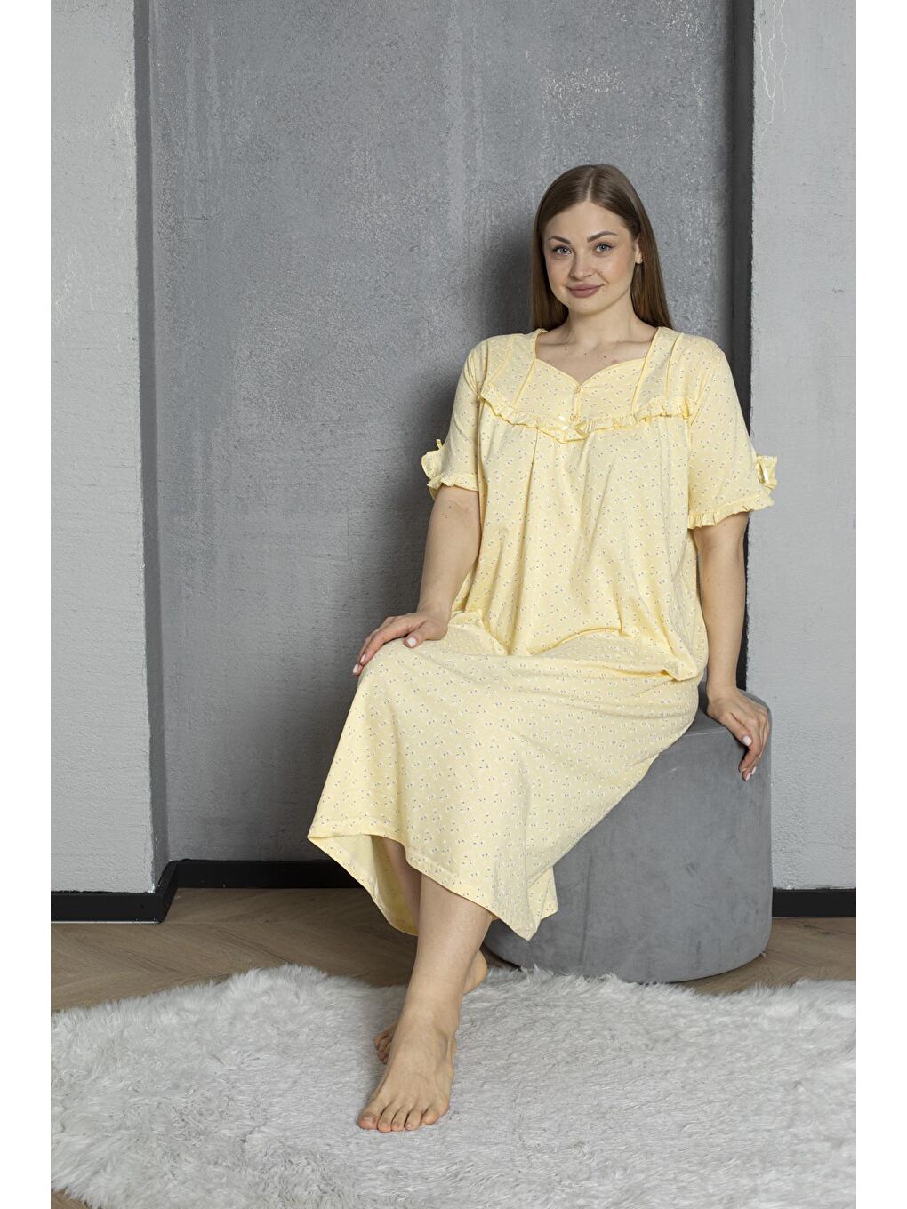 Sarı %100 Pamuklu Penye Kısa Kollu Büyük Beden Anne Geceliği 136-5