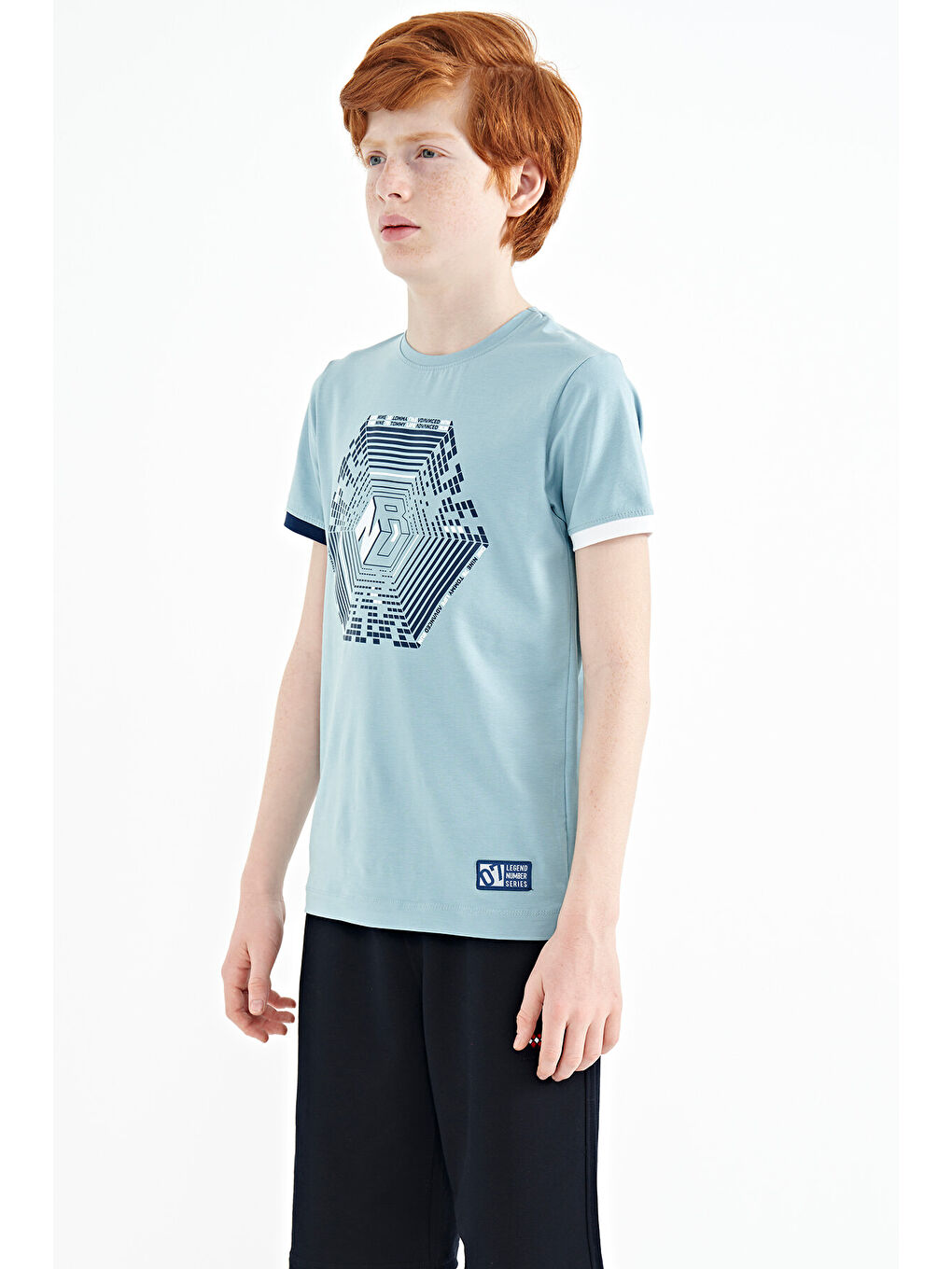Açık Mavi Kol Ucu Renkli Detaylı Baskılı Standart Kalıp Erkek Çocuk Tişört - 11156-4
