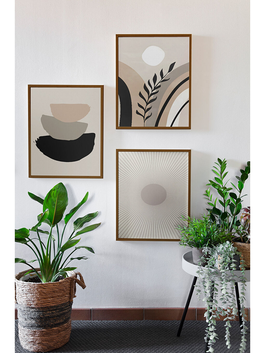 Beyaz 3 Parça Kahverengi Gerçek Ahşap Çerçeveli Tablo Seti - Model 14 - ERSY3KHVCRV14-3348