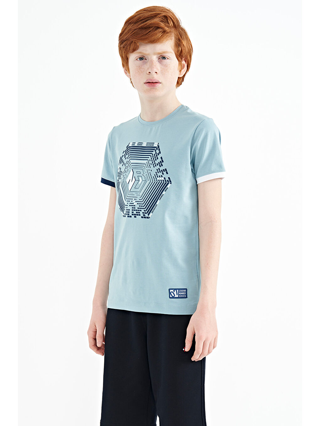 Açık Mavi Kol Ucu Renkli Detaylı Baskılı Standart Kalıp Erkek Çocuk Tişört - 11156-6