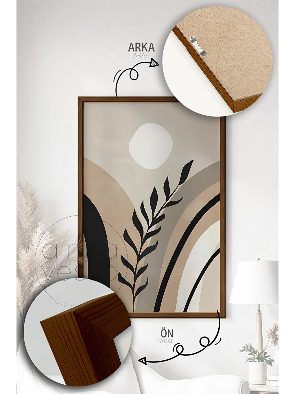 Beyaz 3 Parça Kahverengi Gerçek Ahşap Çerçeveli Tablo Seti - Model 14 - ERSY3KHVCRV14-3348-4