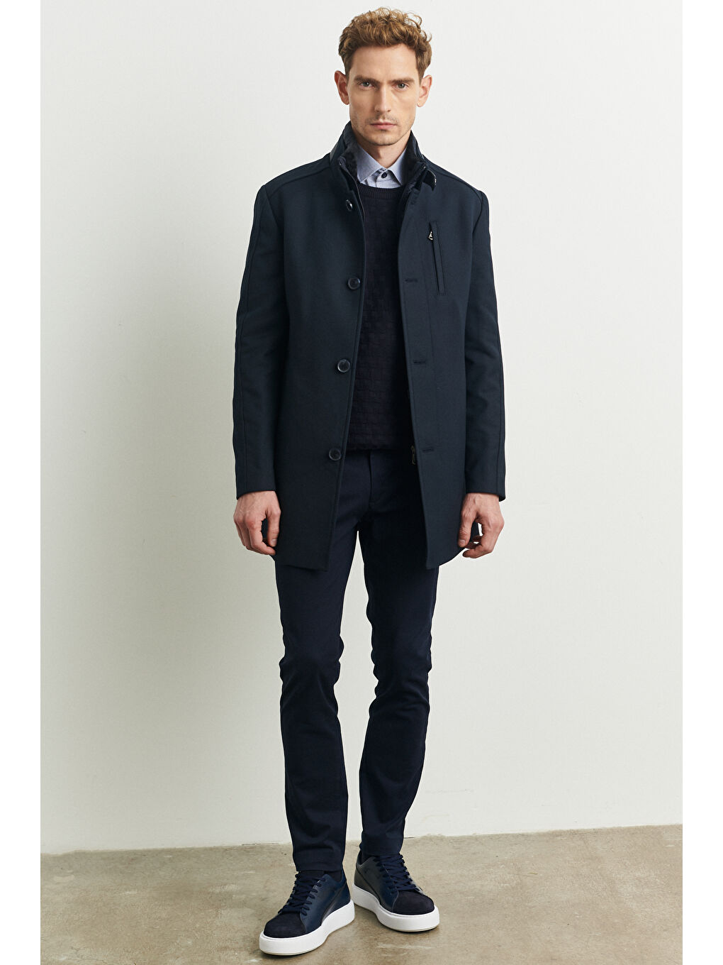 Erkek Lacivert Standart Fit Normal Kesim İçi Çıkma Yelekli Yünlü Kışlık Kaban