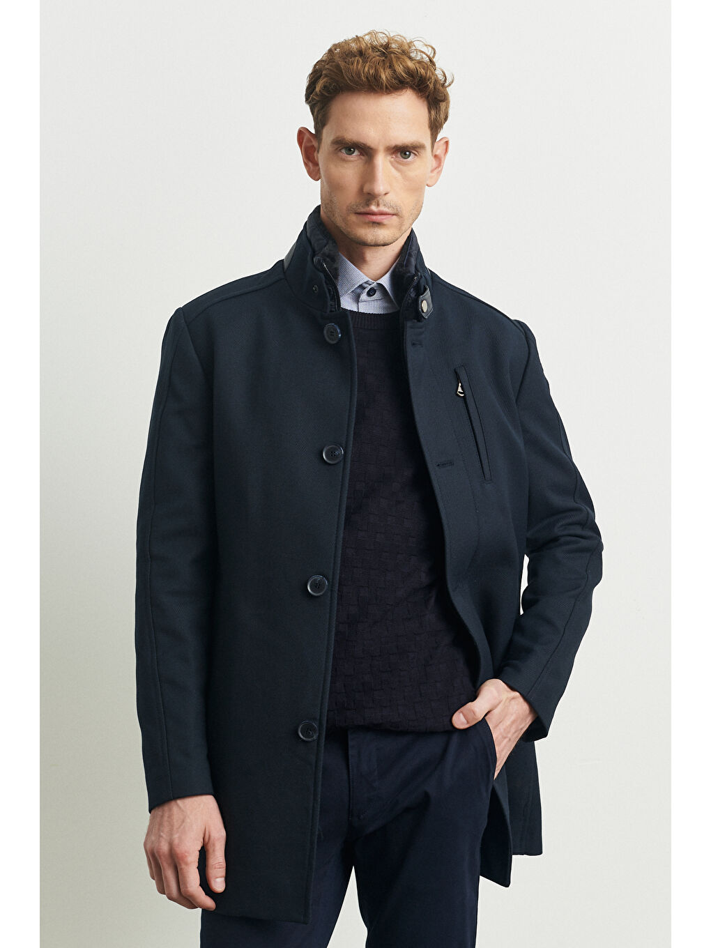 Erkek Lacivert Standart Fit Normal Kesim İçi Çıkma Yelekli Yünlü Kışlık Kaban-1