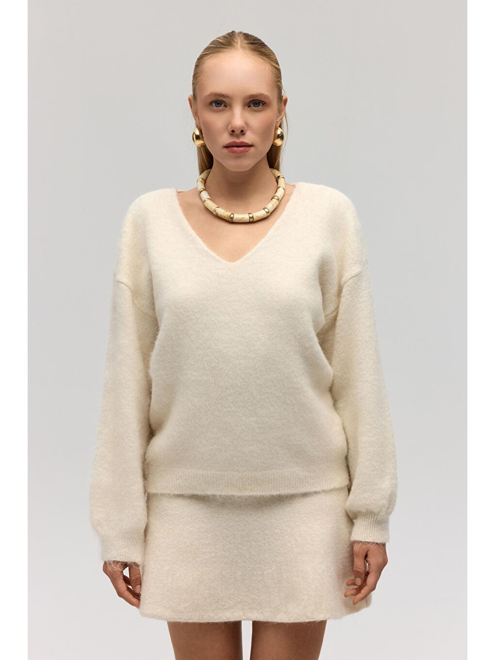 Zerium Basic V Yaka Ekru Triko Kazak-1