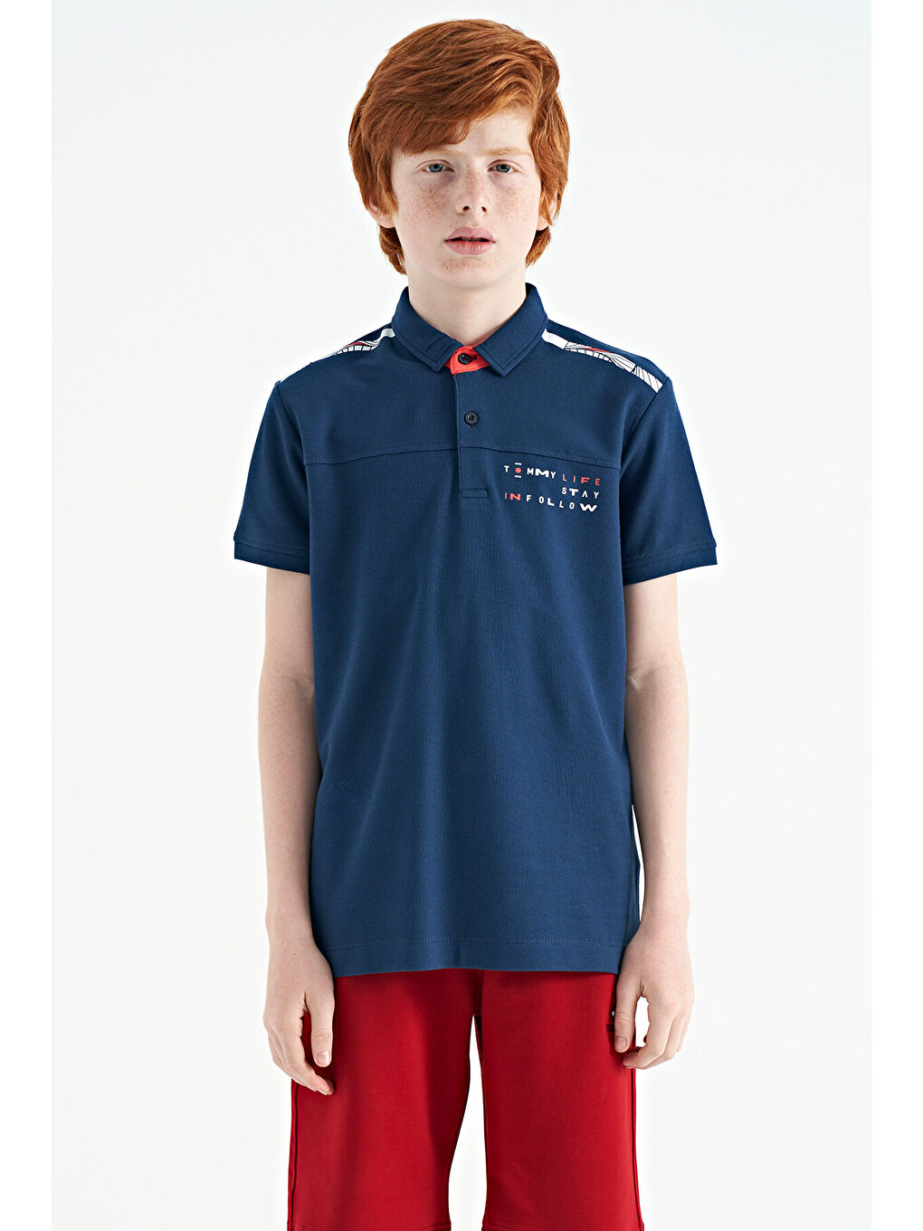 İndigo Baskı Detaylı Standart Kalıp Polo Yaka Erkek Çocuk Tişört - 11140