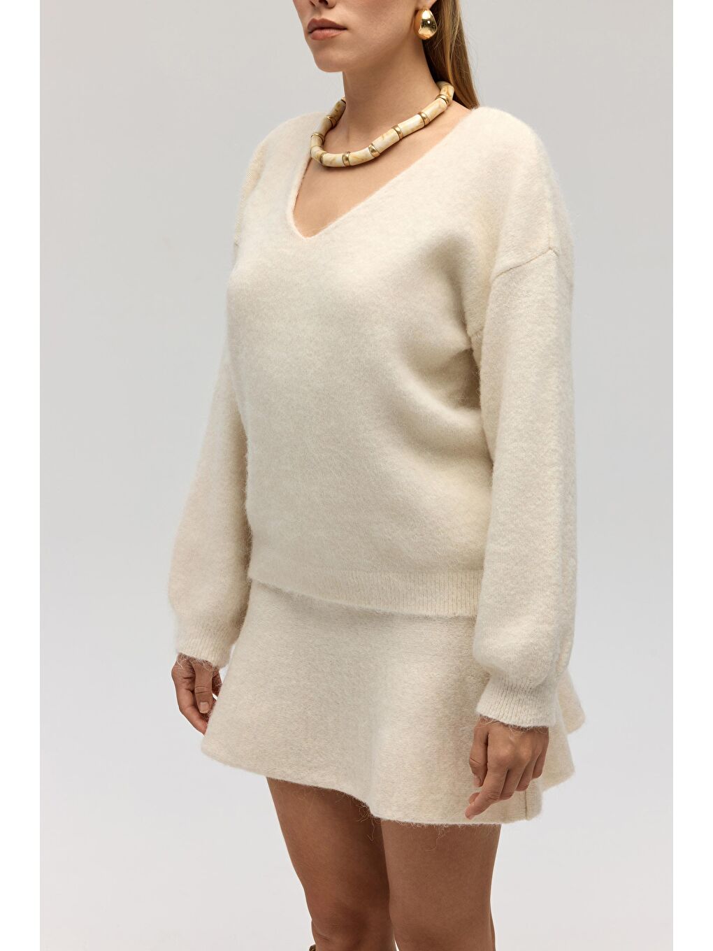 Zerium Basic V Yaka Ekru Triko Kazak-2