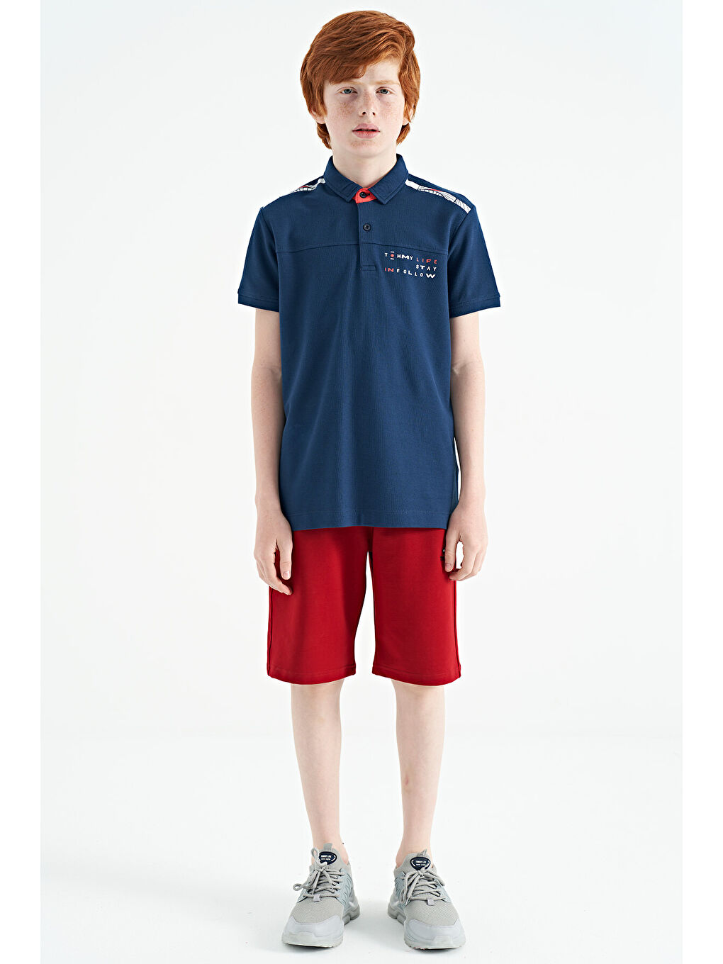 İndigo Baskı Detaylı Standart Kalıp Polo Yaka Erkek Çocuk Tişört - 11140-2