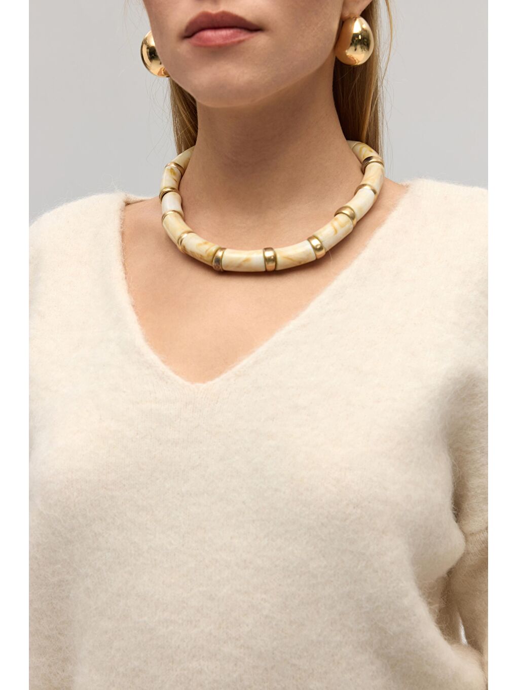 Zerium Basic V Yaka Ekru Triko Kazak-6