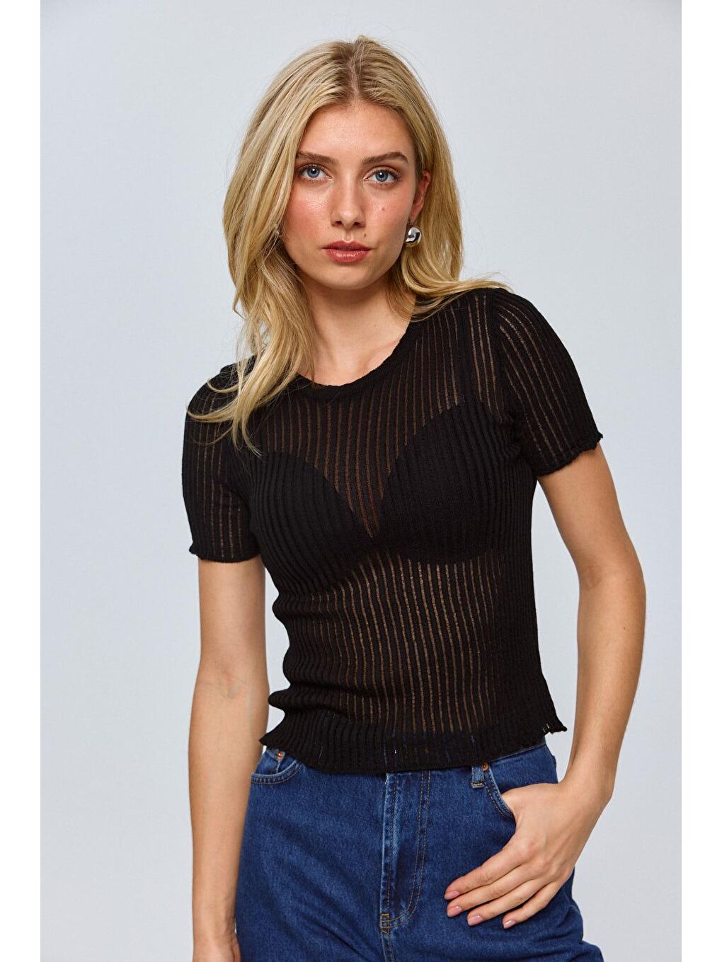 Bisiklet Yaka Trasparan Siyah Triko Bluz-4