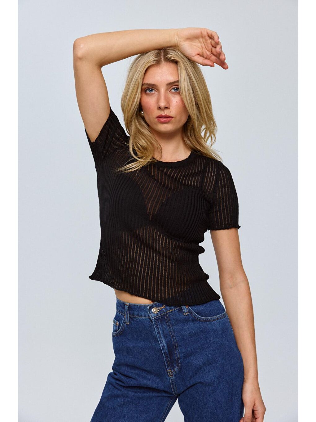 Bisiklet Yaka Trasparan Siyah Triko Bluz-2