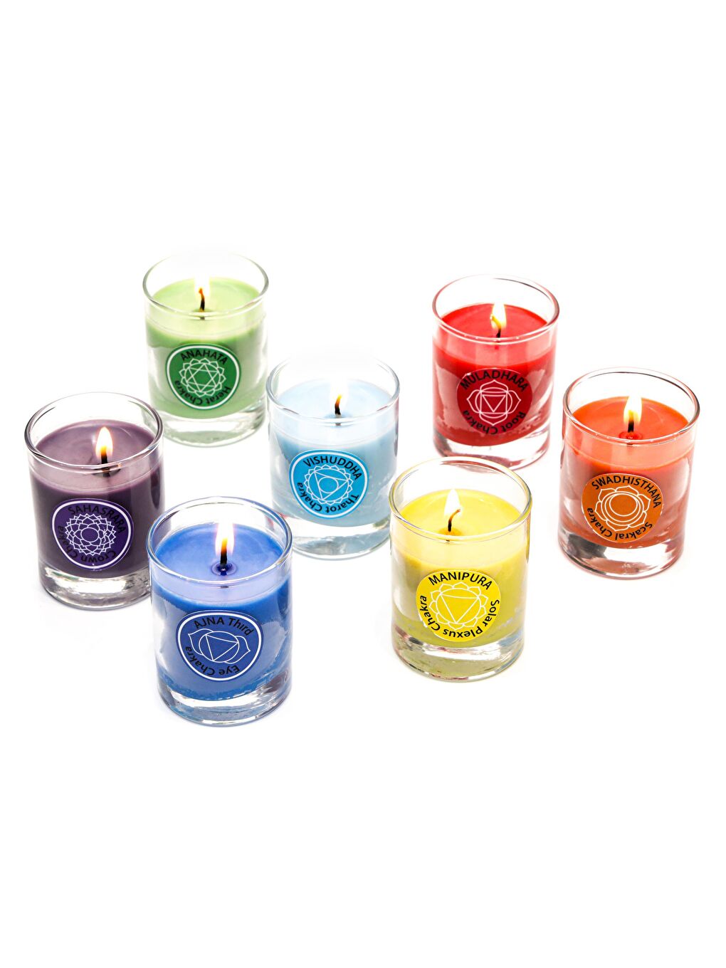 Karışık 7 Chakra Meditasyon Cam Shot Bardak Vegan Mum Seti
