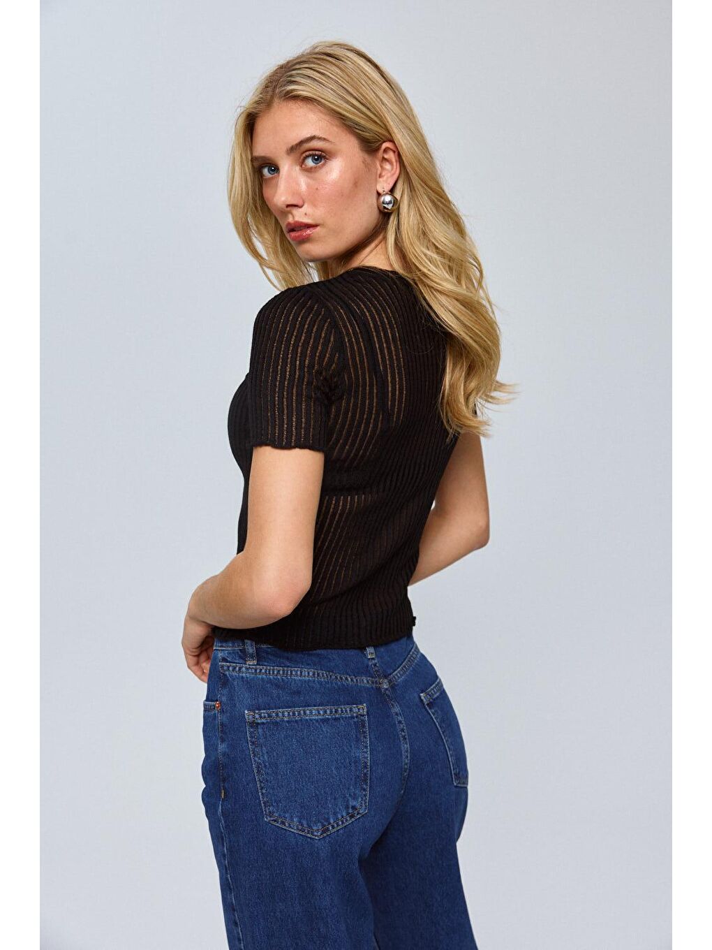 Bisiklet Yaka Trasparan Siyah Triko Bluz-1