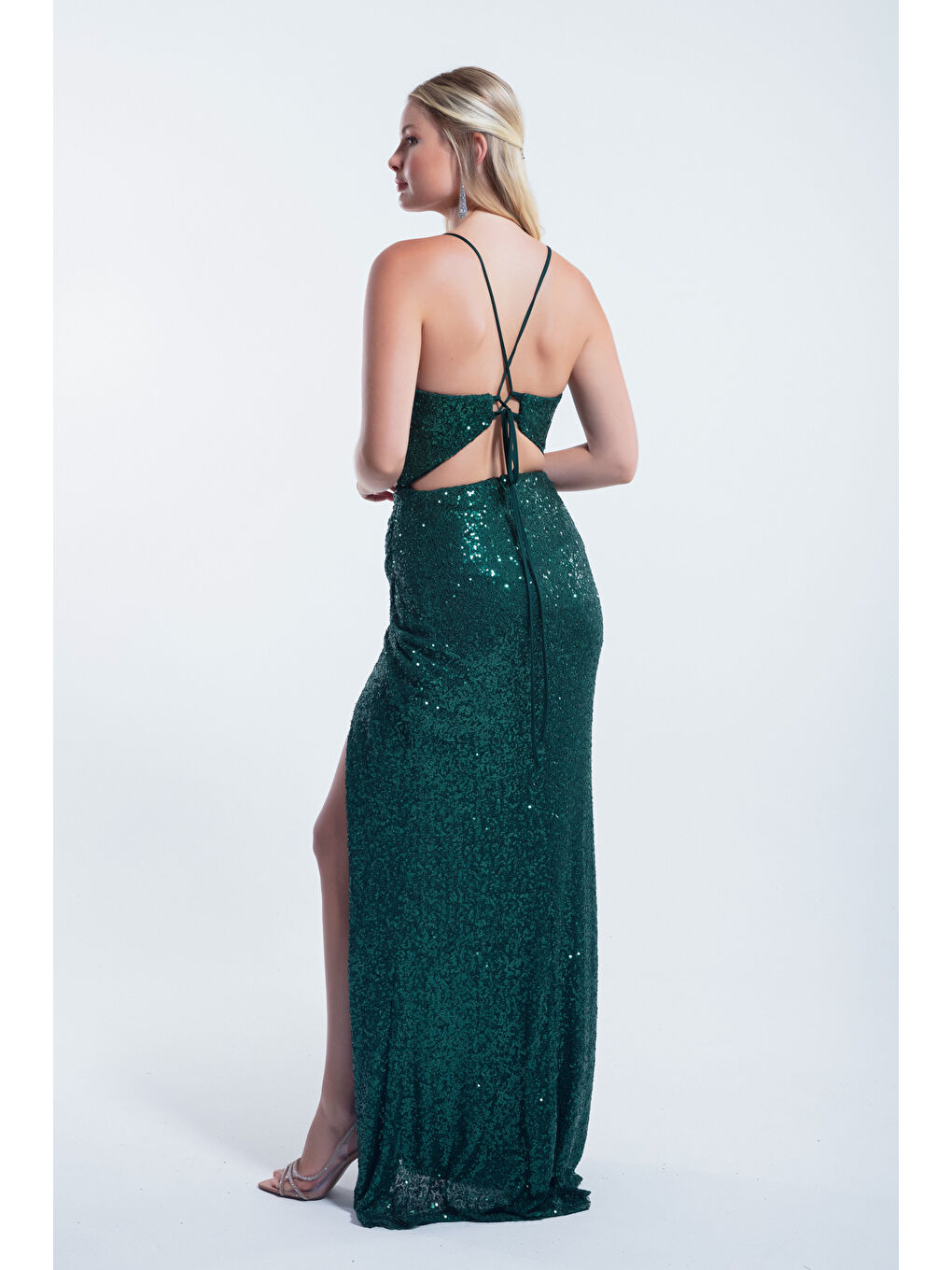 Kadın Zümrüt Yeşili Payetli Uzun Abiye Elbise-4