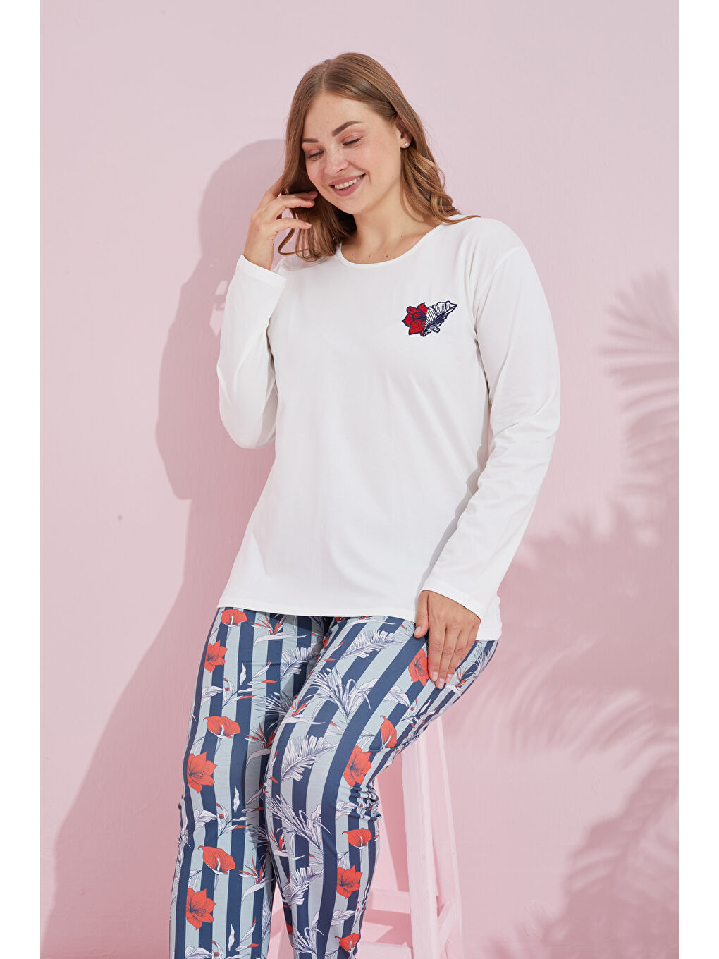 Ekru Çokrenkli Pamuklu Curve Büyük Beden Battal Boy Örme Pijama Takım24240742