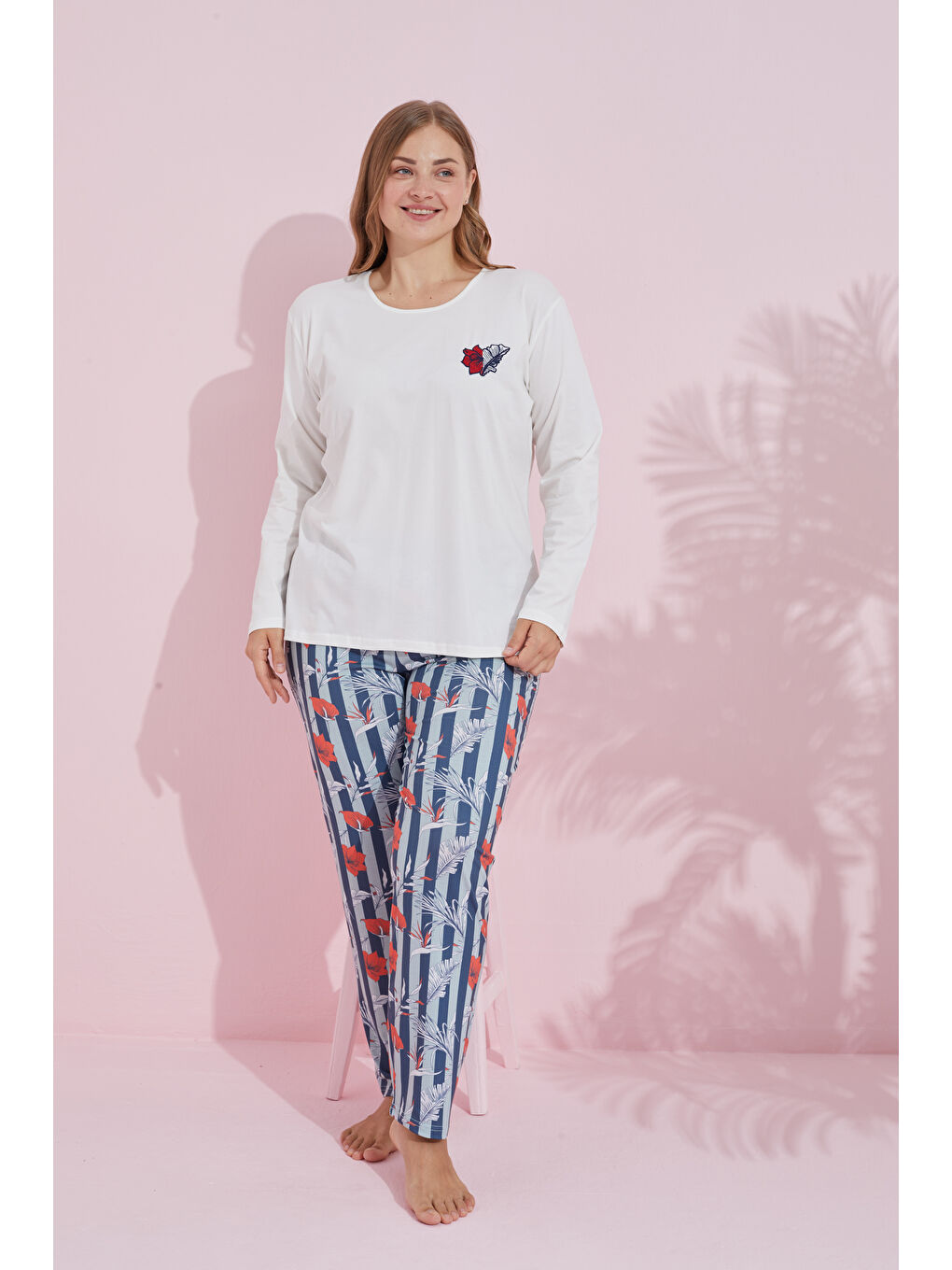 Ekru Çokrenkli Pamuklu Curve Büyük Beden Battal Boy Örme Pijama Takım24240742-1