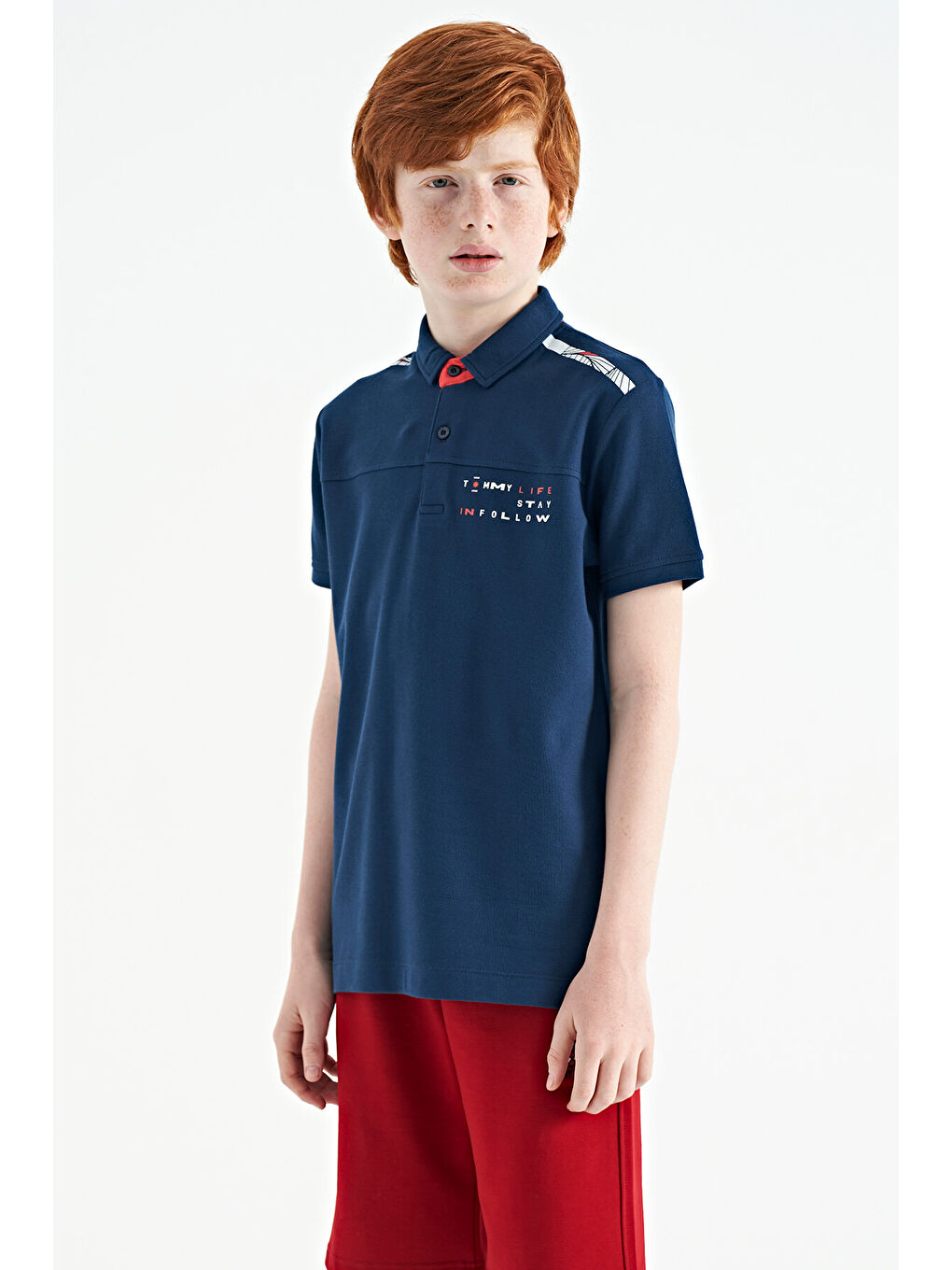 İndigo Baskı Detaylı Standart Kalıp Polo Yaka Erkek Çocuk Tişört - 11140-8